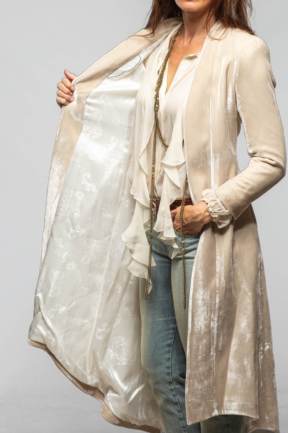 T.ba Morgana Long Silk Velvet Coat In Ivory Pearl Ladies - Tailored - Jackets