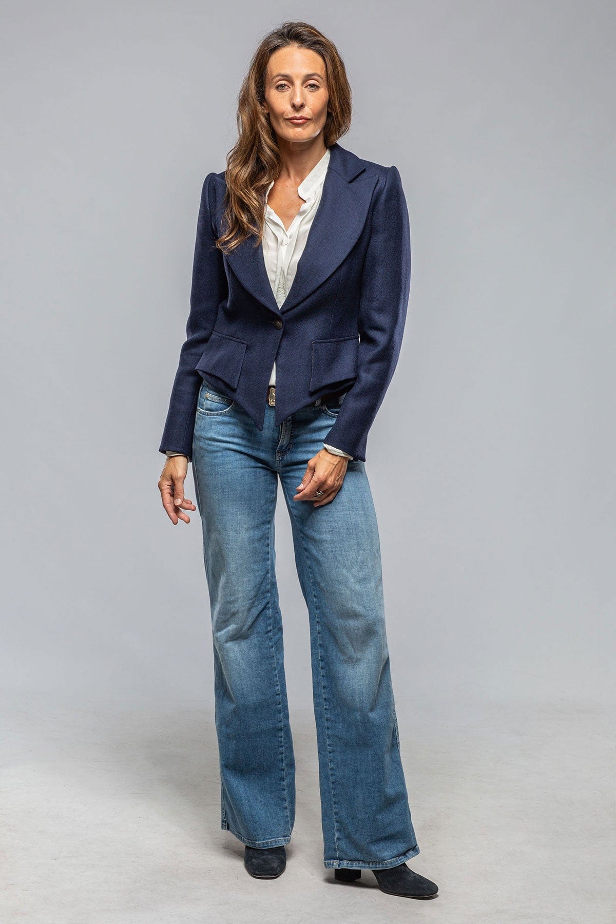 Verdi Cropped Jacket In Blue Herringbone - AXEL'S