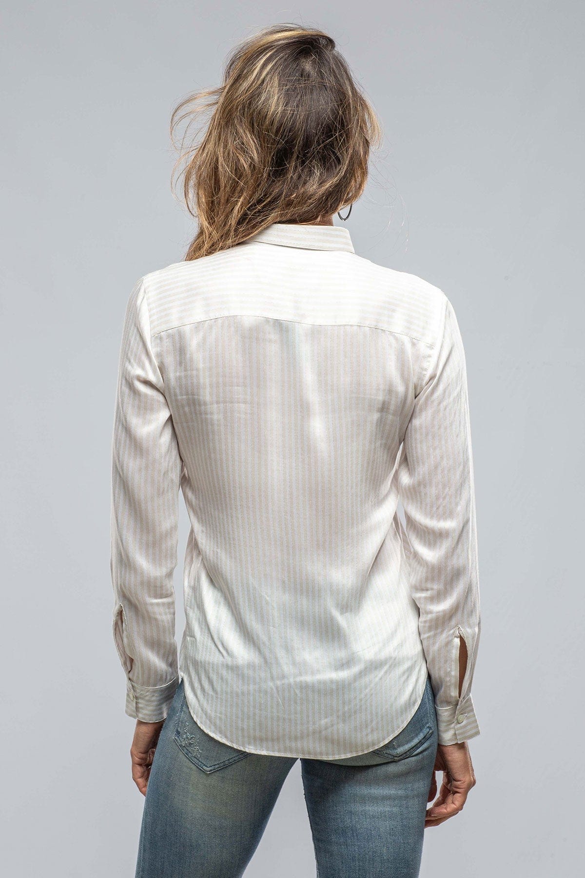 Diana Ruffle Front Stripe Shirt In Beige/White - AXEL'S