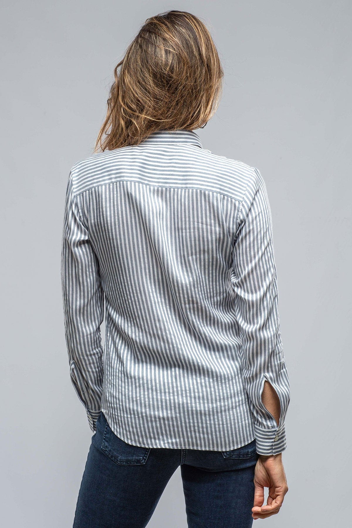 Diana Ruffle Front Stripe Shirt in Navy/White - AXEL'S