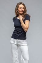 Livia Banded Neck Tee In White/Navy - AXEL'S