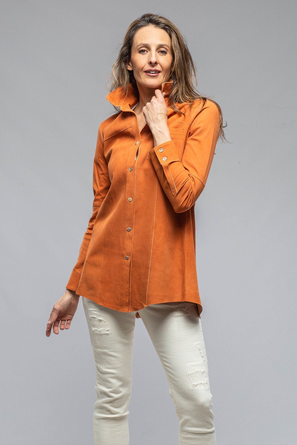 Olivia Long Suede Shirt w/ Pleated Back in Rust - AXEL'S