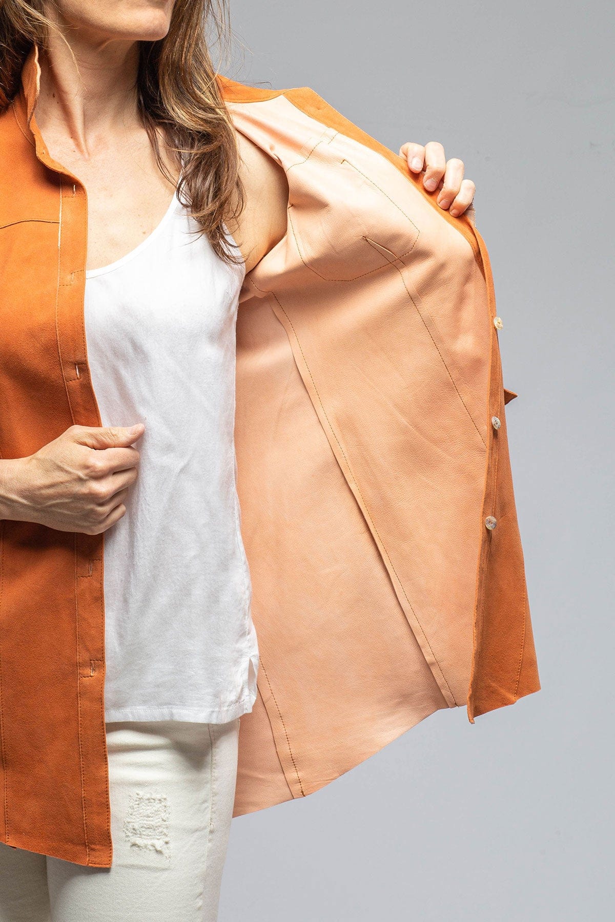 Olivia Long Suede Shirt w/ Pleated Back in Rust - AXEL'S