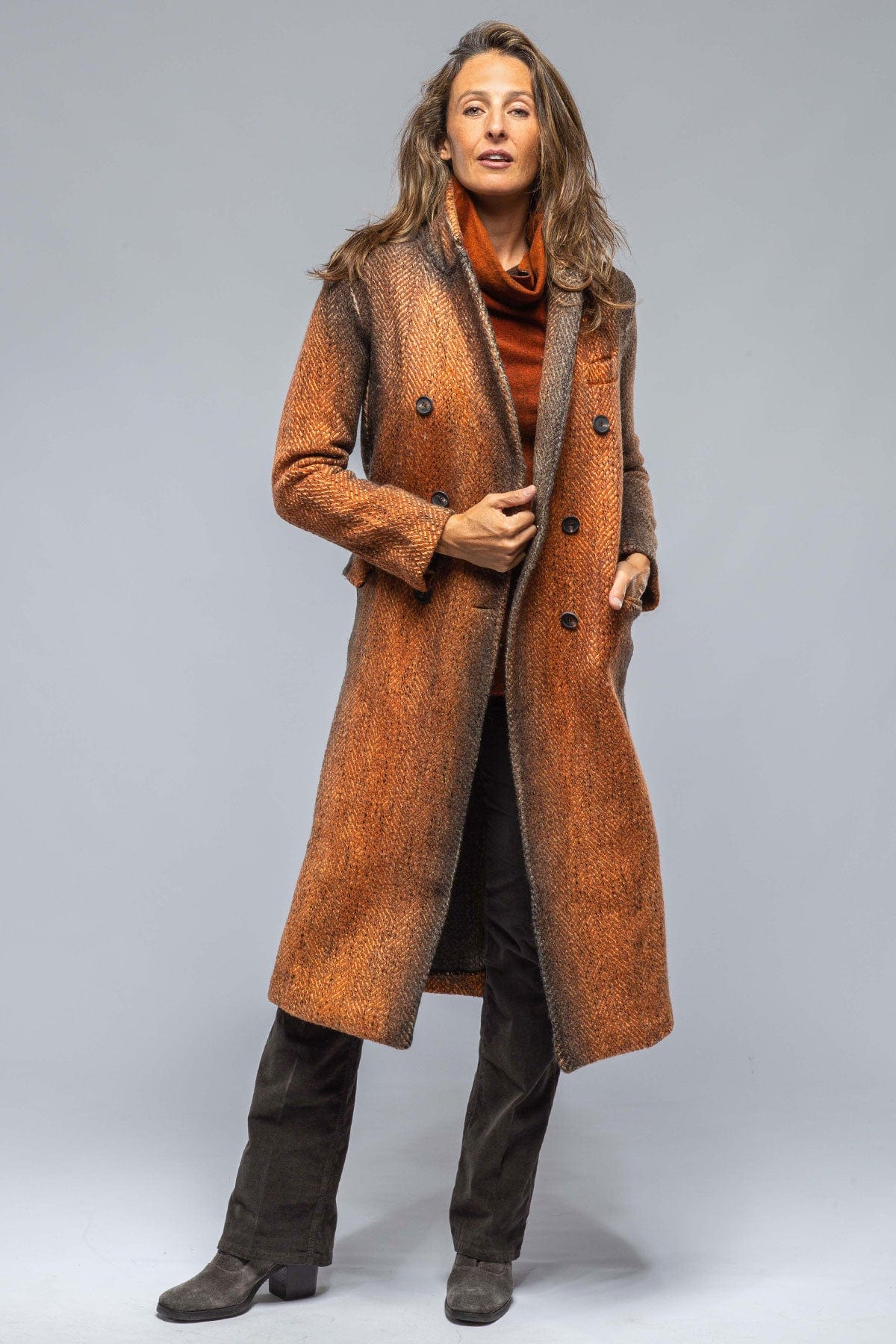 Camilla Long Dbl Brstd Coat In Rust/Charcoal - AXEL'S