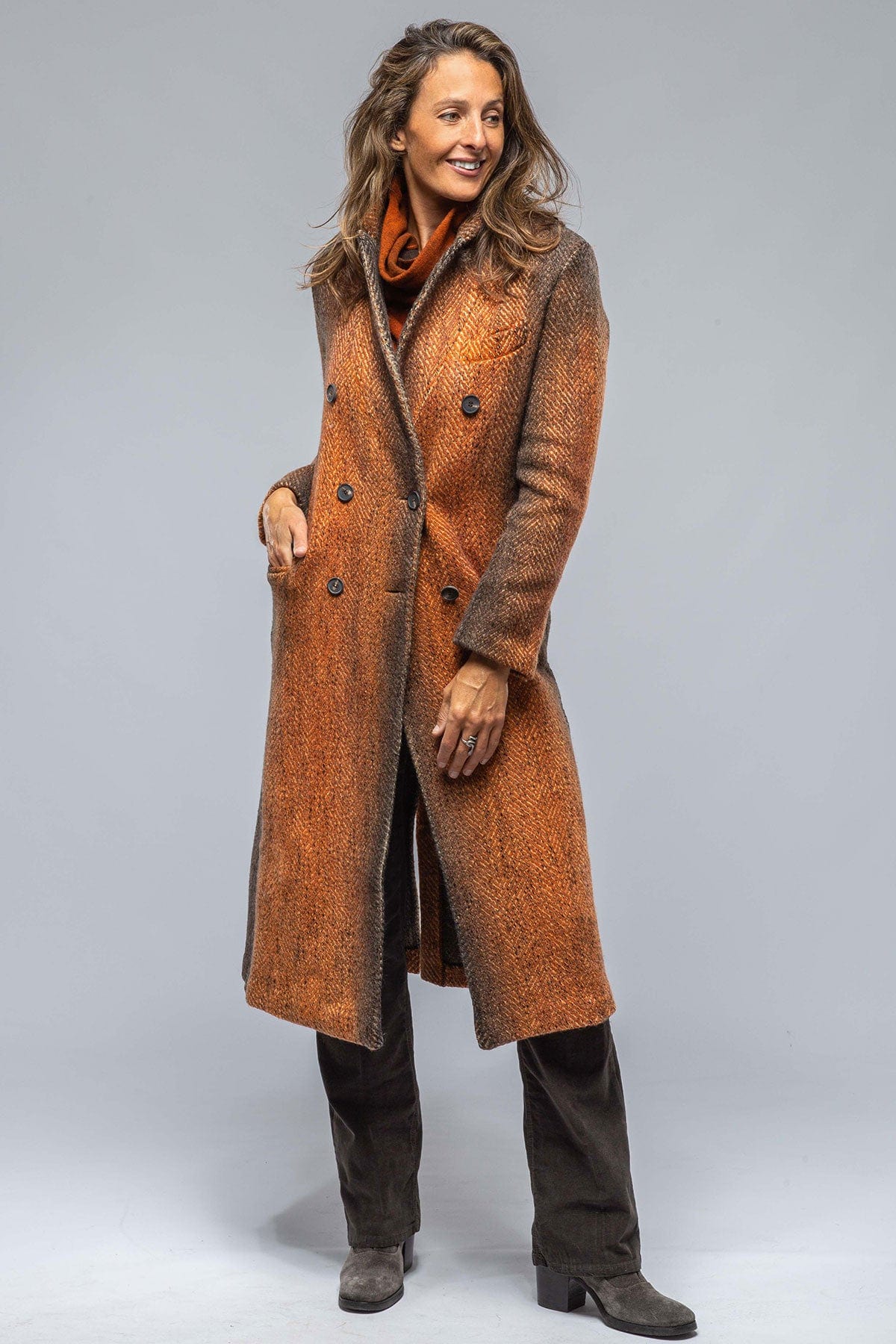 Camilla Long Dbl Brstd Coat In Rust/Charcoal - AXEL'S