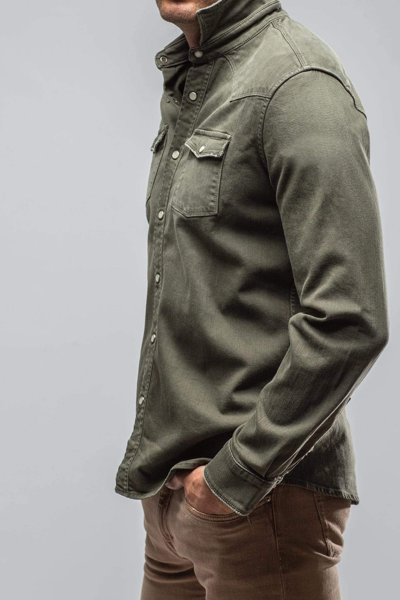 【AAKE】STRIPE PARACHUTE SNAP DENIM Axel's Premium Denim Ranger Colored Denim Snap Shirt In Army