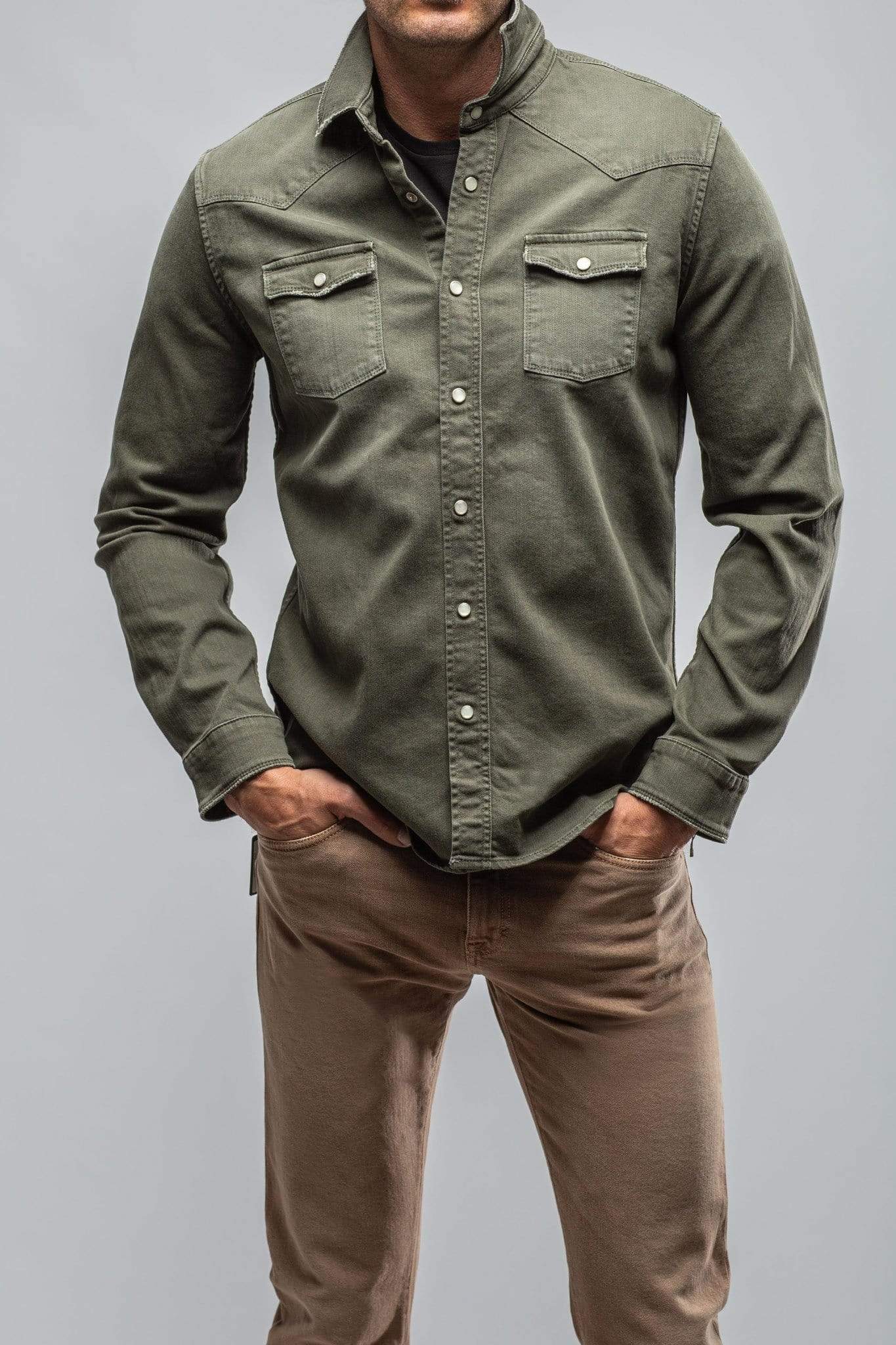 Ranger Colored Denim Snap Shirt In Army - AXEL'S