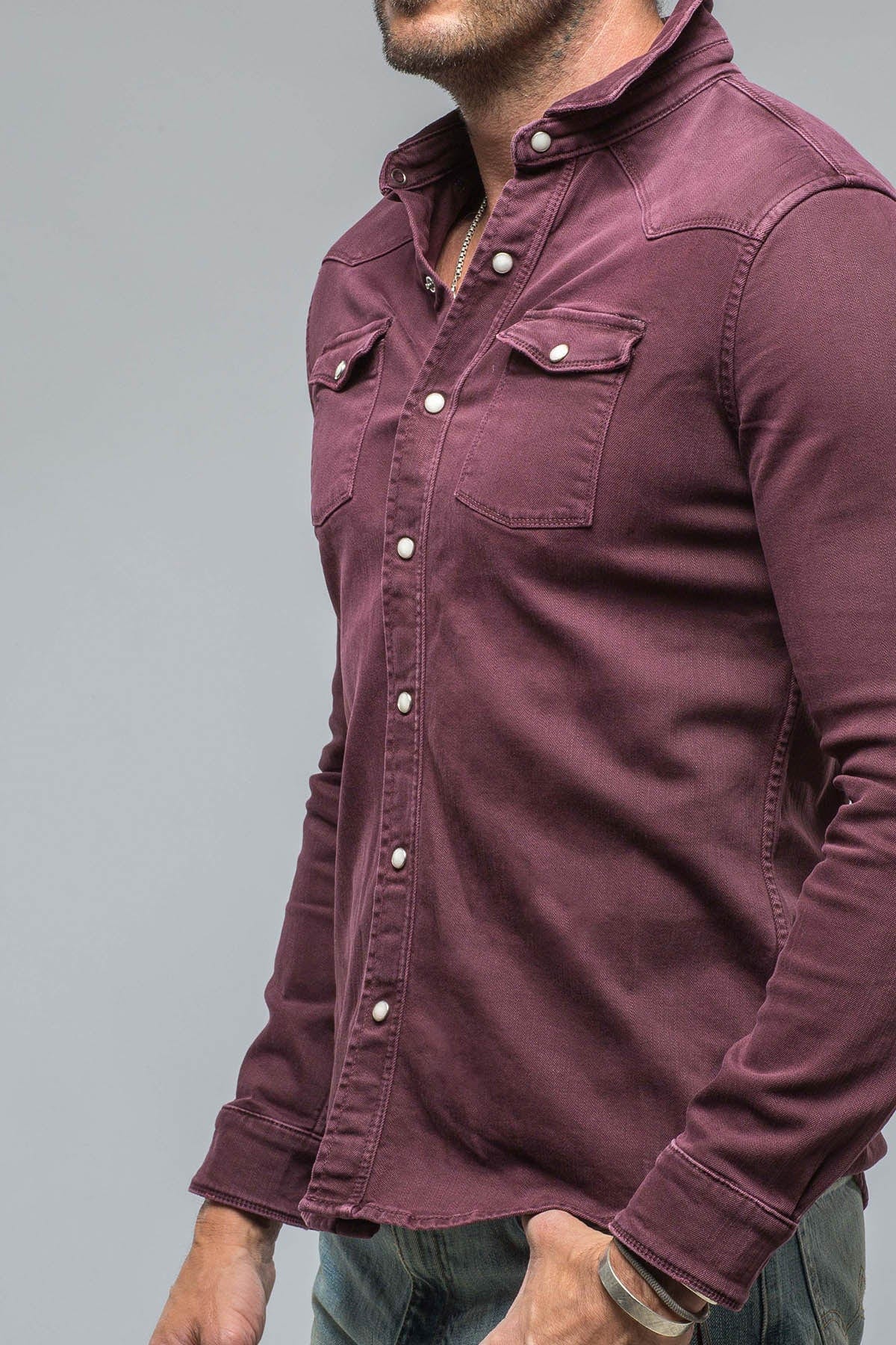 Axel's Premium Denim Ranger Colored Denim Snap Shirt In Bordeaux