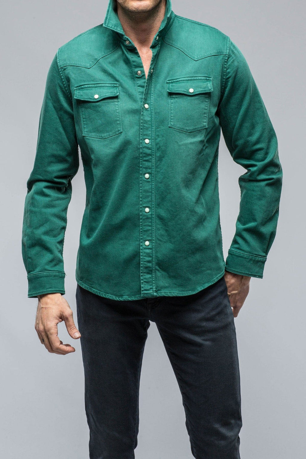 Axel's Premium Denim Ranger Colored Denim Snap Shirt In Green