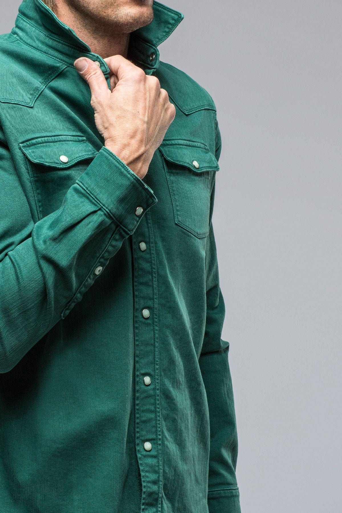 Ranger Colored Denim Snap Shirt In Green - AXEL'S