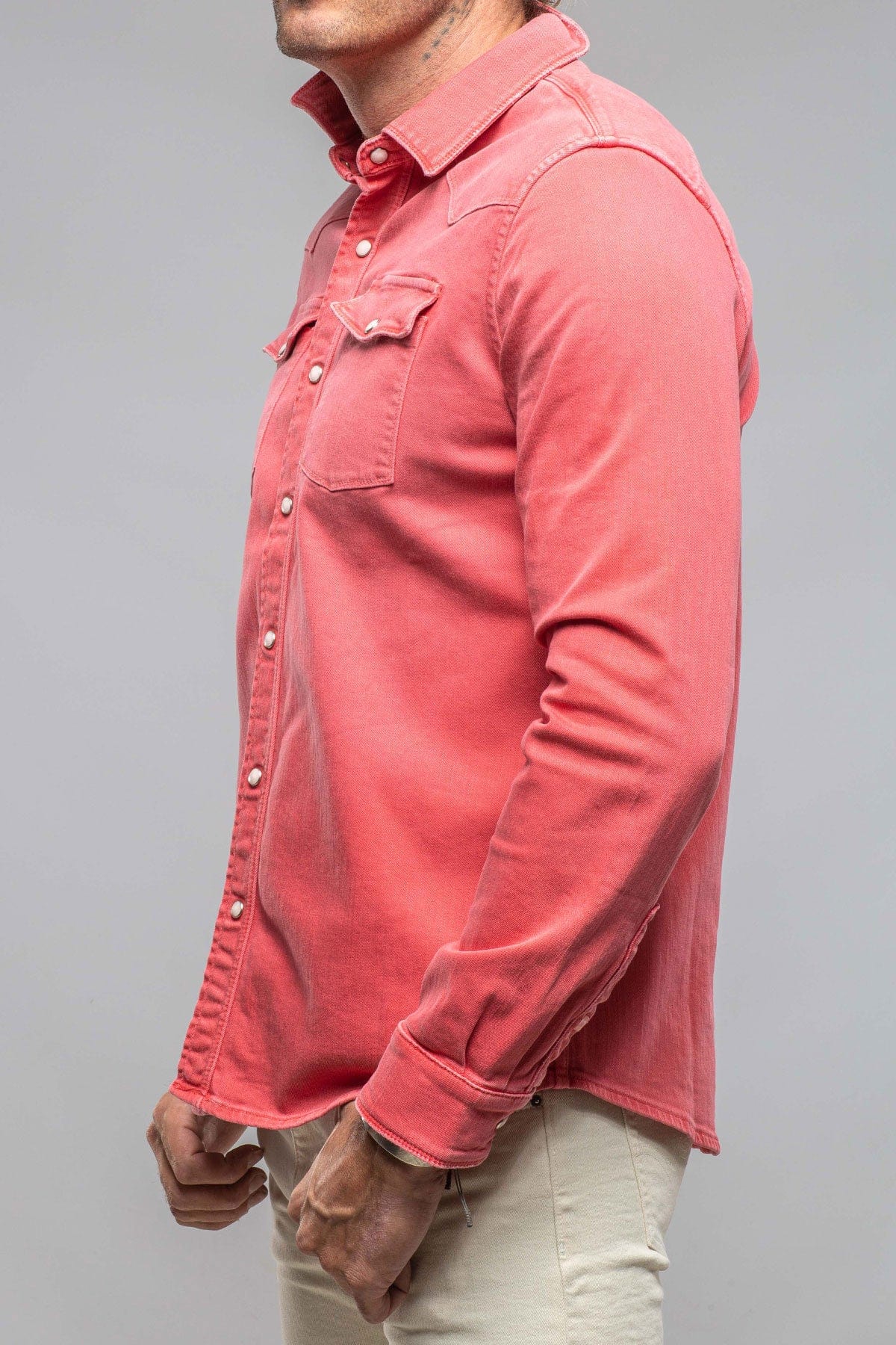 Ranger Colored Denim Snap Shirt In Washed Corallo - AXEL'S