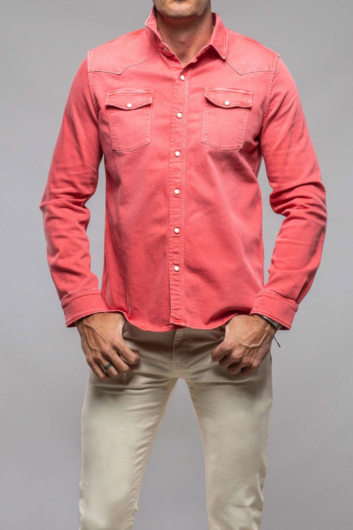 Ranger Colored Denim Snap Shirt In Washed Corallo - AXEL'S