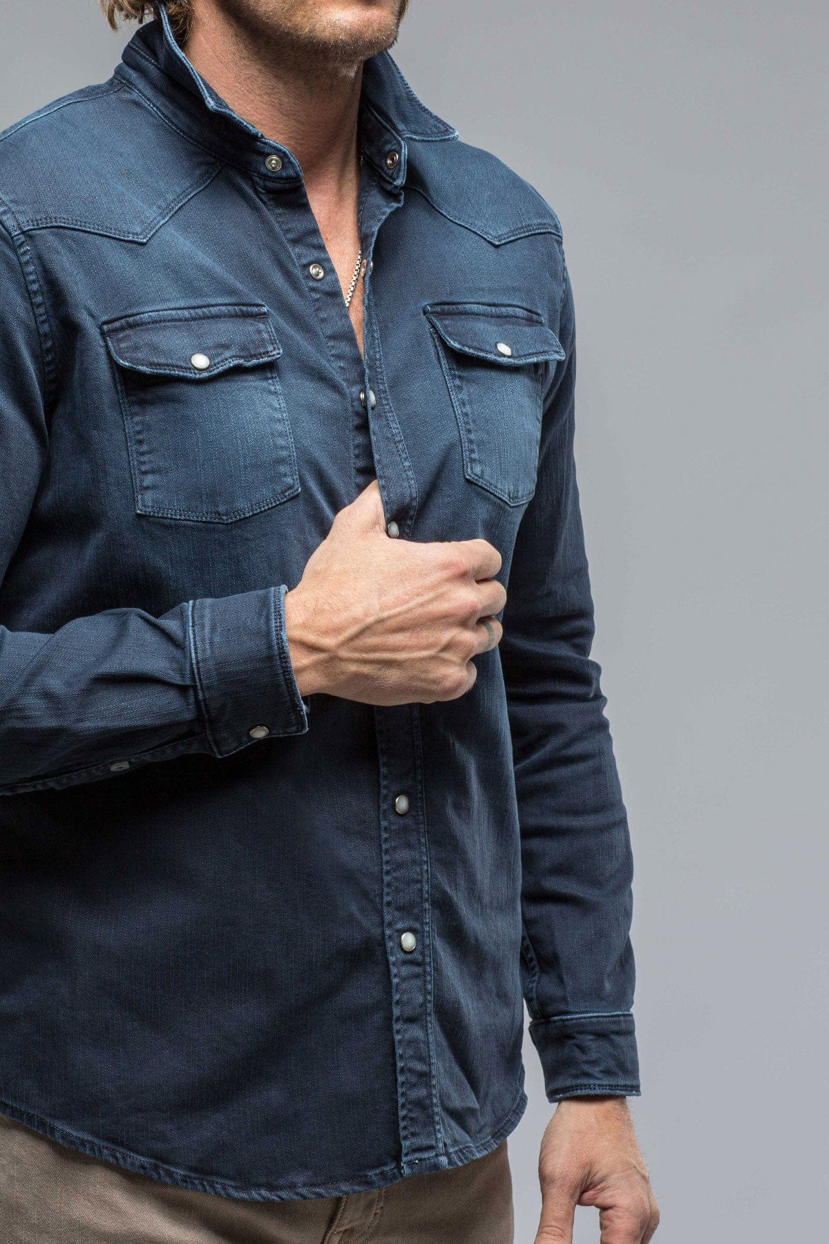 Axel's Premium Denim Ranger Colored Denim Snap Shirt In Blue Navy