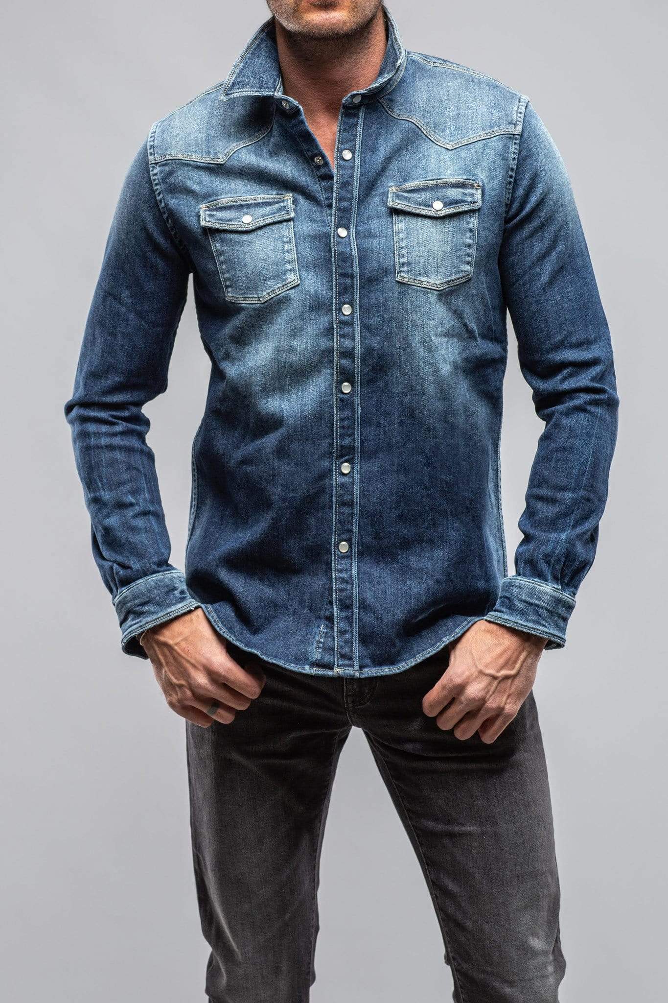Roper Over-Dyed Western Snap Shirt In Medium Dark Blue - AXEL'S