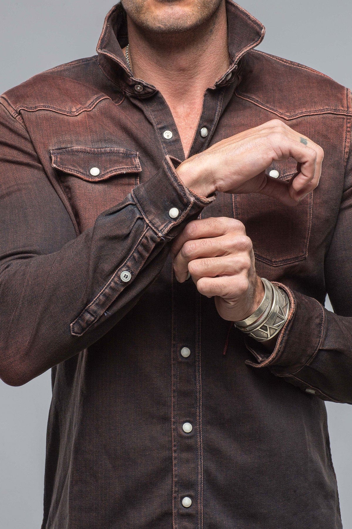 Axel's Premium Denim Roper Over-Dyed Western Snap Shirt In Ruggine