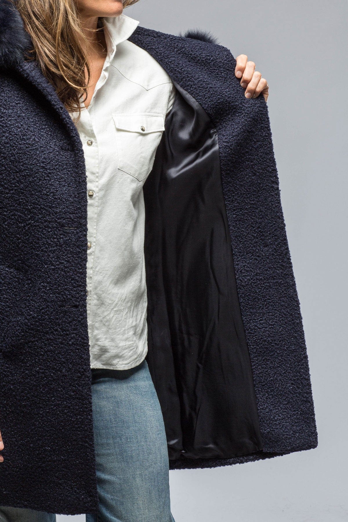 Ivana Wool Coat With Fur Lined Hood in Navy - AXEL'S