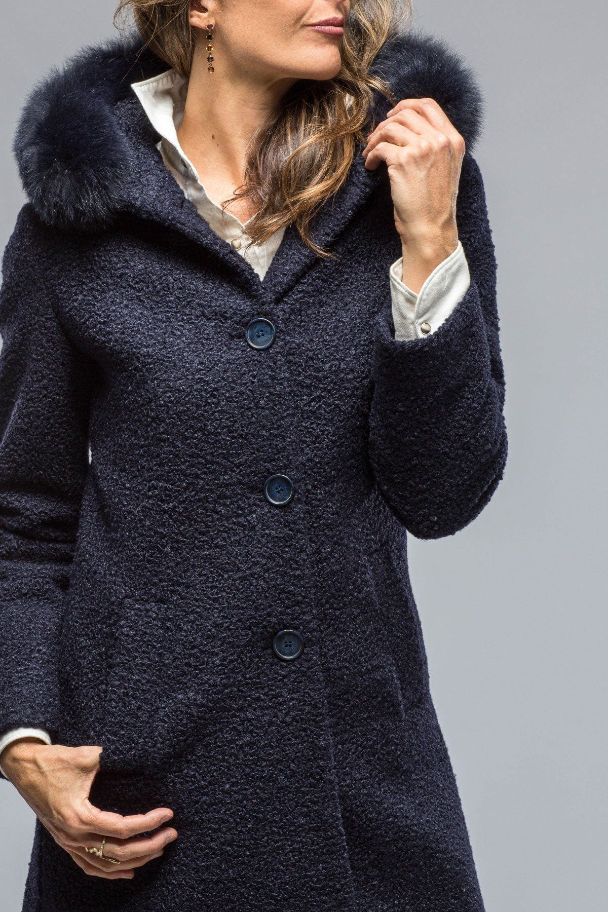 Ivana Wool Coat With Fur Lined Hood in Navy