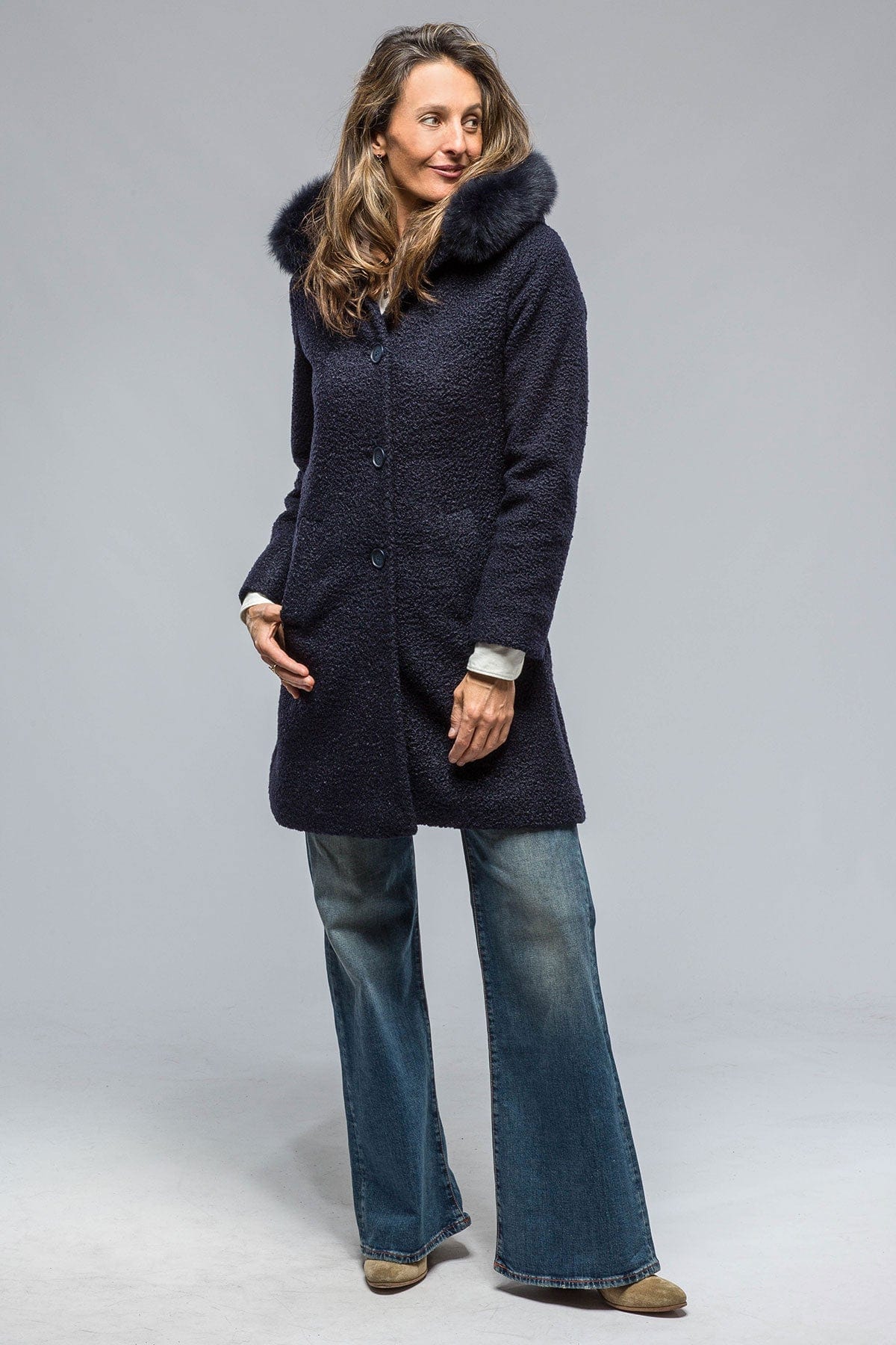 Ivana Wool Coat With Fur Lined Hood in Navy