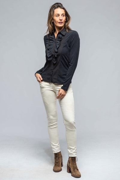 Pennelope Ruffle Front Shirt In Navy - AXEL'S