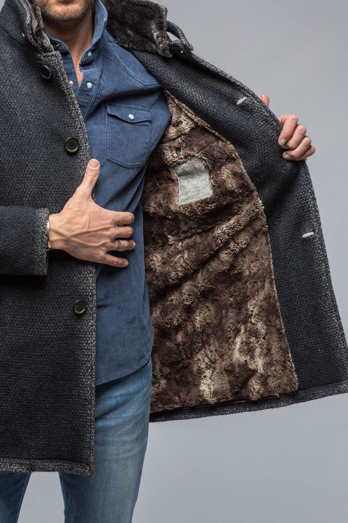 Winston Shearling Trim Coat in Washed Navy - AXEL'S