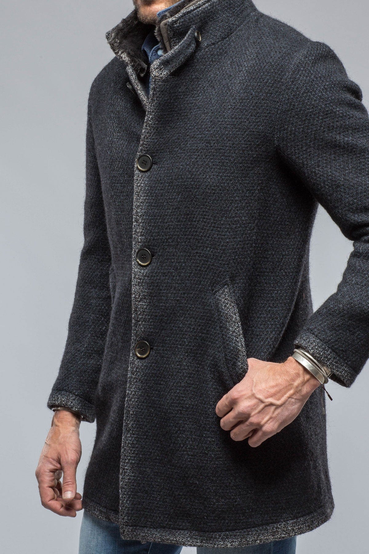 Winston Shearling Trim Coat in Washed Navy - AXEL'S