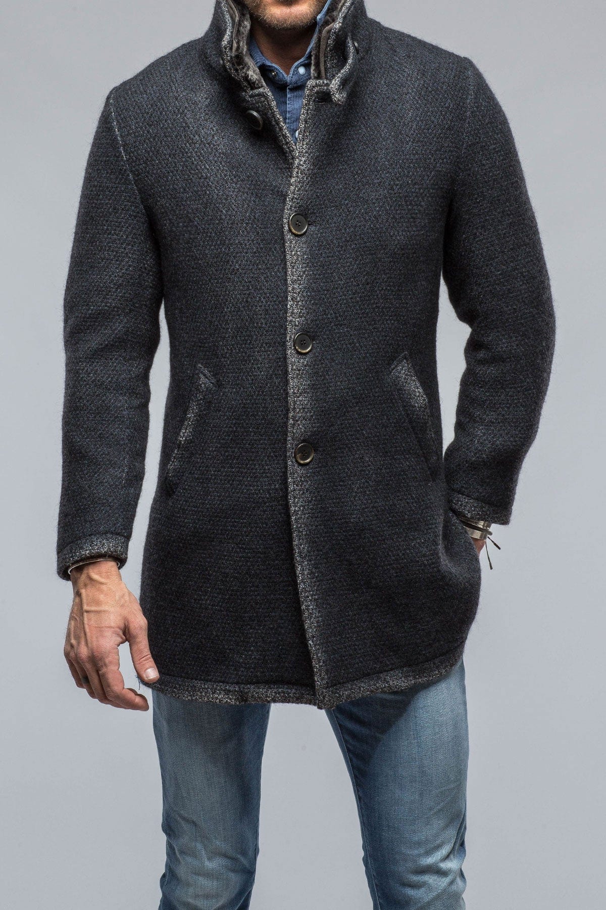 Winston Shearling Trim Coat in Washed Navy - AXEL'S