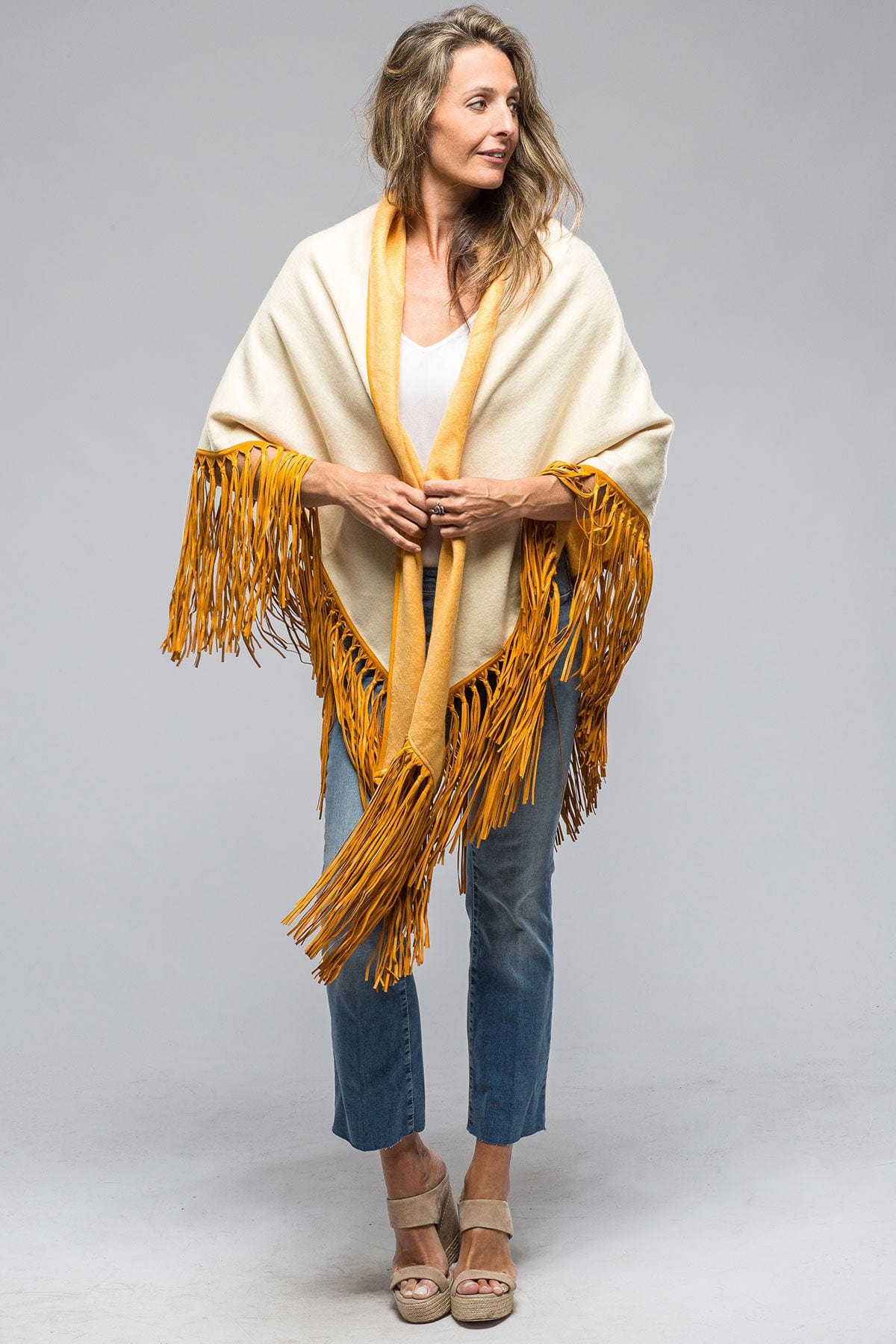 Miraggio Ponderosa Reversible Cashmere Fringe Shawl In Yellow/White |  Axel's of Vail