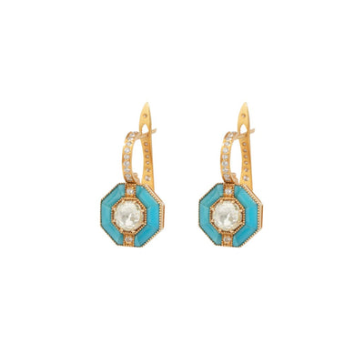 Rose Cut Diamonds Edged in Turquoise Earrings - AXEL'S