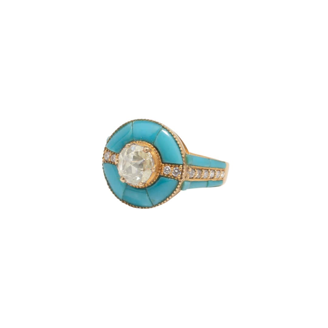Rose Cut Diamonds Edged in Turquoise Ring - AXEL'S