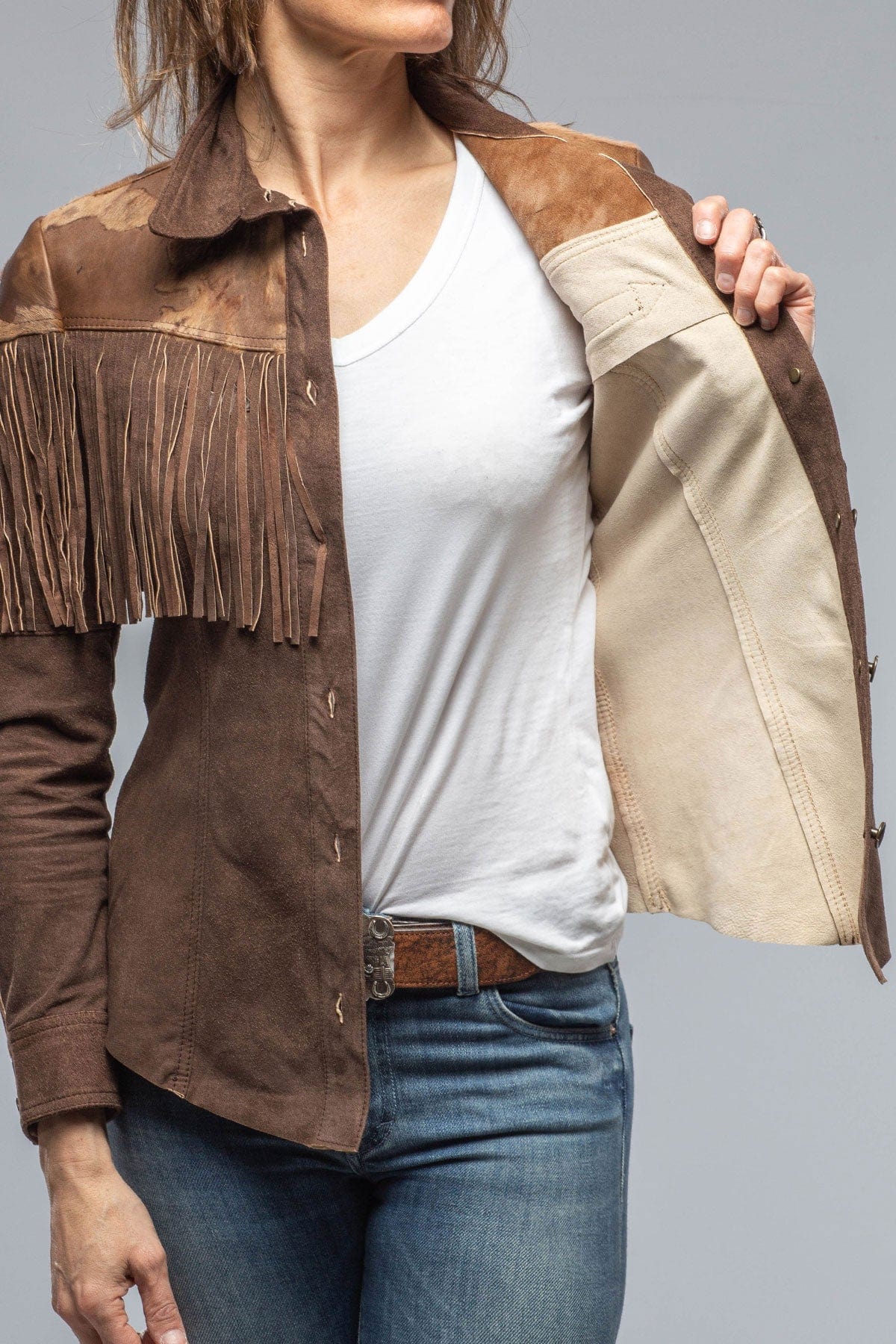 Escalera Hair-On Suede Fringe Shirt In Brown - AXEL'S