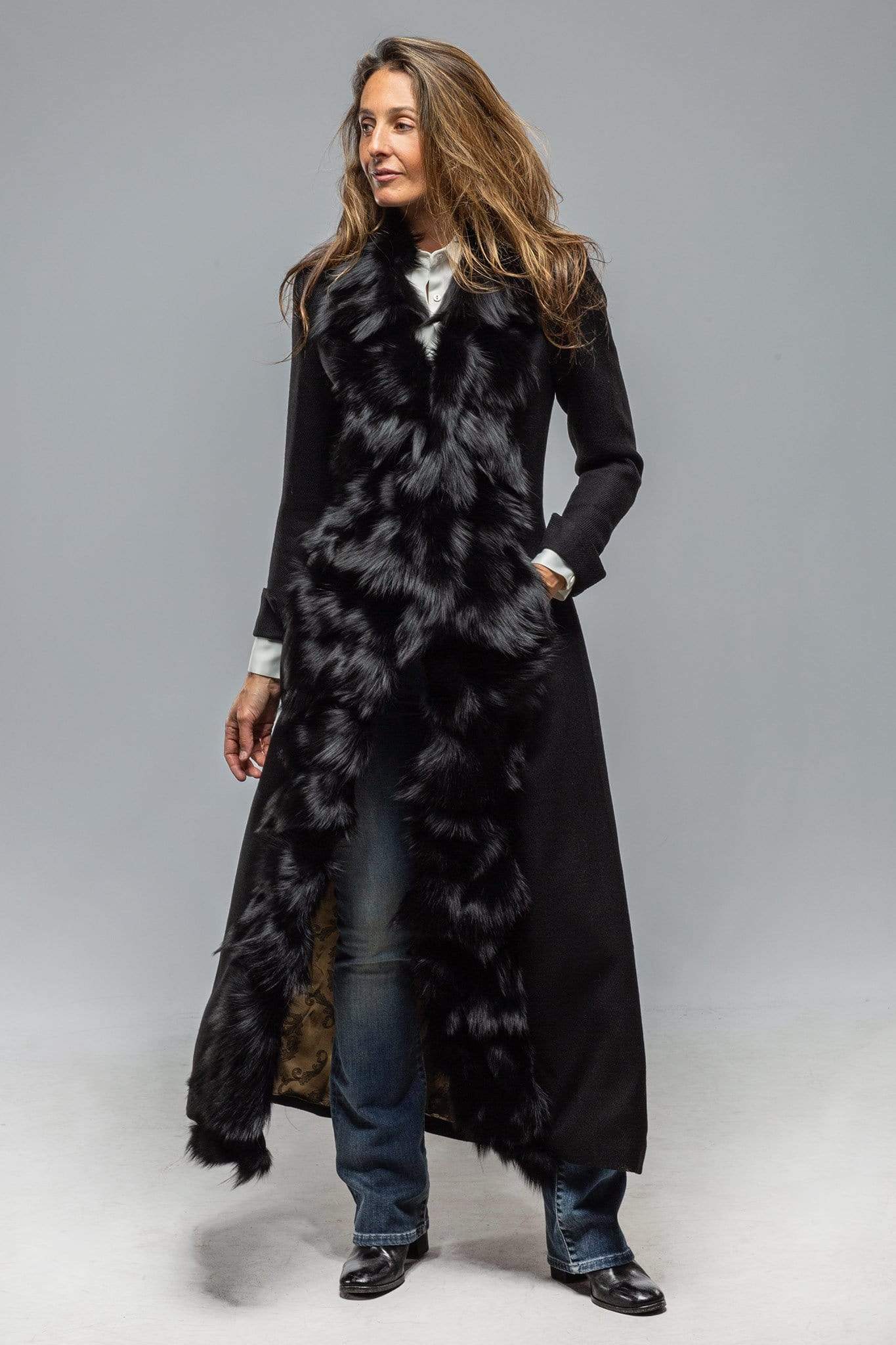 St. Petersburg Long Fur Trimmed Coat In Black - AXEL'S